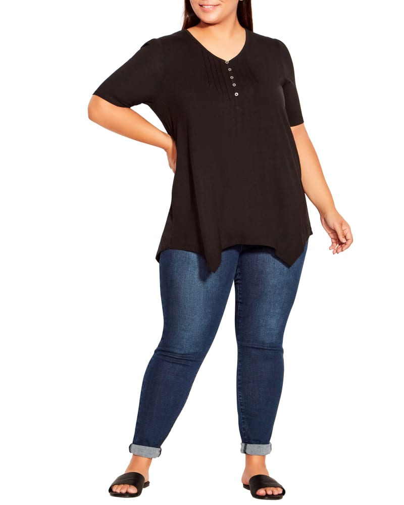 Front of a model wearing a size 14 Savannah Sharkbite Hem Top in Black by Evans. | dia_product_style_image_id:209869